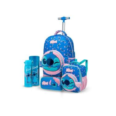 Imagem de Kit Mochila Disney Lancheira Estojo Garrafa Escolar Stitch Rodinha