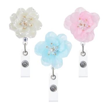 Imagem de DICOSMETIC Conjunto de 3 peças de clipe de crachá de identificação de flor, retráteis, clipes de carretel com clipe de jacaré giratório de 360°, suportes de crachá de flor de plástico para professores