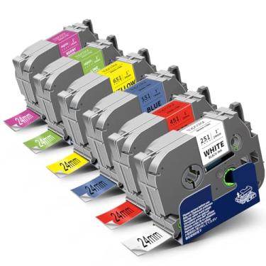 Imagem de Topcolor Pacote com 6 fitas adesivas de 24 mm 2,4 cm compatível com fita adesiva Brother de 2,5 cm PTouch Tze Tz 24 mm laminada colorida para PTP710BT PT-D610BT PTD600 PT2300, branco/vermelho/amarelo