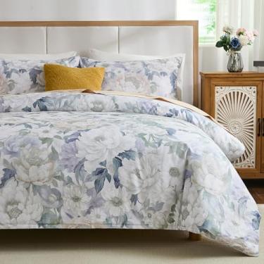 Imagem de Cozaline Capa de edredom 100% algodão king size – Conjunto de capa de edredom floral de flores de peônia com fecho de zíper e laços de canto, conjunto de cama luxuoso e sedoso de 3 peças para todas as