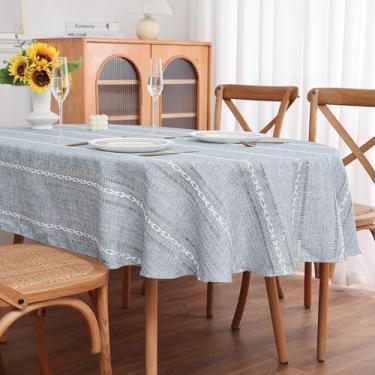 Imagem de Gernaice Toalha de mesa oval listrada boho, tecido de linho, recortado, estilo bordado, decoração à prova de poeira para jantar, cozinha, casa, festa, mesa oval, azul, 152 x 259 cm