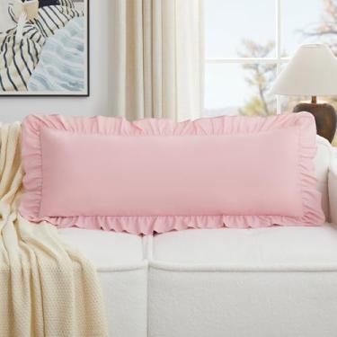 Imagem de KKJIAF Capas de almofada lombar rosa claro 35 x 91 cm, conjunto de 1, fronhas de microfibra com babados, fronhas de travesseiro Euro com babados, capa de almofada lombar para sofá-cama sala de estar