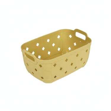 Imagem de Cesta Organizadora Plástica Multiuso com Alças Design Vazado Resistente para Cozinha Banheiro Geladeira Closet e Armários (Amarelo)