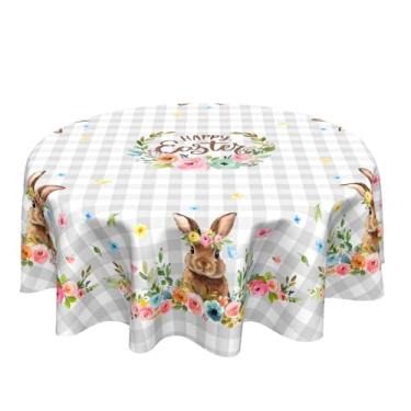 Imagem de Sweetshow Toalha de mesa Happy Easter Grinalda redonda flores coloridas cinza branco búfalo xadrez coelho toalha de mesa 152 cm decoração lavável manchas e rugas primavera floral capa de mesa redonda