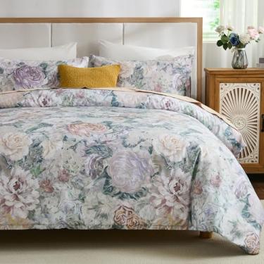 Imagem de Cozaline Capa de edredom 100% algodão tamanho Queen – Conjunto de capa de edredom floral em aquarela cinza e verde com fecho de zíper e laços nos cantos, conjunto de cama macio e sedoso de 3 peças