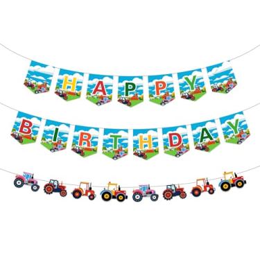 Imagem de JOYMEMO Faixa e guirlanda de feliz aniversário de trator, conjunto de decorações de aniversário de trator colorido, suprimentos de festa temática de fazenda