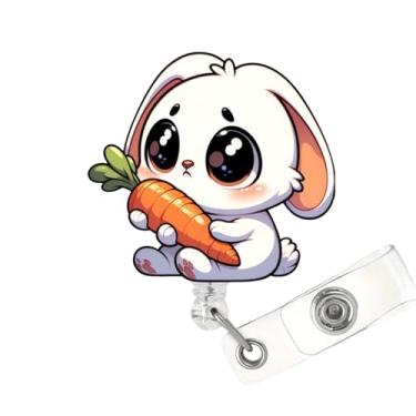 Imagem de Carretel retrátil de crachá de coelhinho feliz com clipe jacaré, coelho engraçado segurando cenoura, etiqueta de identificação, carretel de crachá de acrílico para estudantes, assistentes médicos