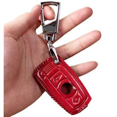 Imagem de Capa de couro artesanal para chave compatível com BMW 1 3 5 6 Série E60 E61 E70 E81 E87 E90 E91 E92 320 X1 X5 X6 Z4 Capa protetora de controle remoto inteligente(Red silvery metal)