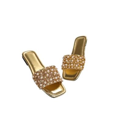 Imagem de GORGLITTER Sandálias femininas douradas com pérolas quadradas, bico aberto, lantejoulas, strass, deslizantes elegantes para casamento, Dourado, 40