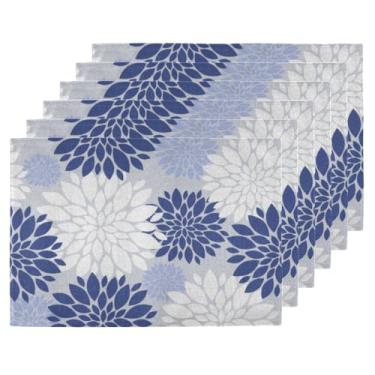 Imagem de Jogo americano conjunto de 6 - tapetes florais azuis e brancos para mesa de jantar - tapetes de mesa resistentes ao calor laváveis, cozinha, casa, festa, decoração interna e externa, 30 x 45 cm, flor
