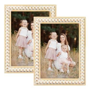 Imagem de Golden State Art Porta-retrato 12 x 18 cm – Porta-retrato com contas Boho – Madeira maciça branca envelhecida com vidro – Decoração de parede e mesa, pacote com 2