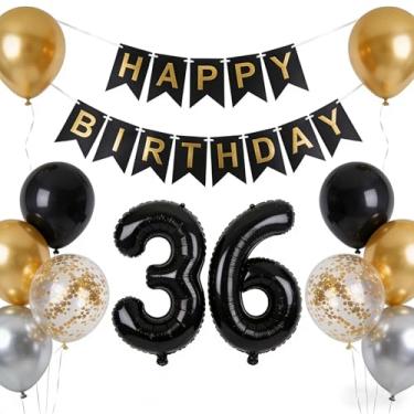 Imagem de Decorações de aniversário de 36 anos para homens e mulheres, preto metálico dourado prata 36º aniversário banner látex confetes balões decorações, artigos para festa de aniversário de 36 anos (36º)