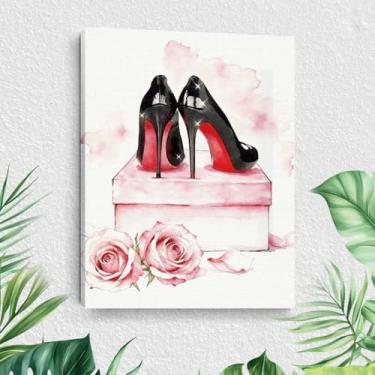 Imagem de Arte de parede em tela de salto alto da moda, aquarela rosa caixa acolchoada stilettos pinturas de arte emoldurada decoração de parede, imagem de impressão de rosa divertida para banheiro, quarto