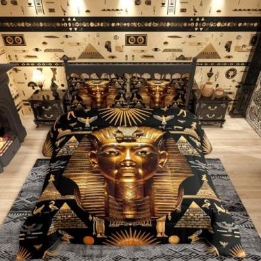 Imagem de Jogo de cama King Faraó 3D, estilo Egito Antigo, Civilização Egípcia, dourado e preto, retrô, estilo tribal, exótico, para quarto de crianças, meninos, meninas, adolescentes e adultos