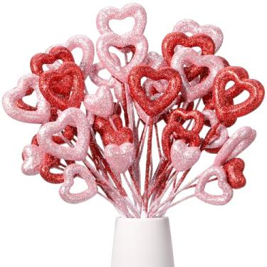 Imagem de Zeyune 30 palitos de coração 3D com glitter vermelho e rosa para o Dia dos Namorados, palitos grandes de espuma de coração brilhantes para decoração de dia dos namorados, palitos de árvores, arranjos