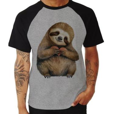 Imagem de Camiseta Raglan Bicho Preguiça Coração - Foca na Moda, Cinza, Preto, G