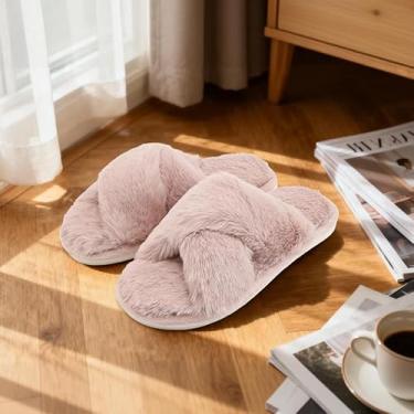 Imagem de Chinelos femininos em forma de cruz, dedos expostos, em forma de cruz, de pelúcia, quente, inverno, interior e exterior, rosa, 7.5-8.5 Women/6-7 Men