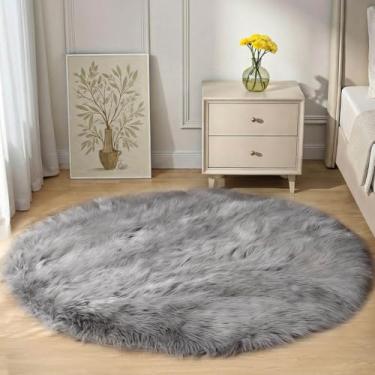 Imagem de Goolela Tapete redondo cinza de 1,2 m, tapete felpudo felpudo para quarto, cabeceira, sala de estar, pele de carneiro sintética, pelúcia
