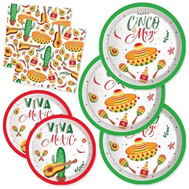 Imagem de CC HOME Pratos de papel de aniversário de cacto mexicano, guardanapos, festa mexicana, conjunto de utensílios de mesa descartáveis, suprimentos de festa, tema cinco de maio, louça de jantar serve 24