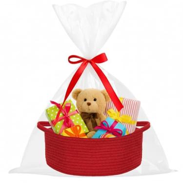 Imagem de ShellKingdom Cesta de armazenamento com alças, cesta de presente vazia com sacos de presente e fita, cestas pequenas para casa, organizador de armazenamento de berçário, 30 x 20 x 12 cm, vermelho dos