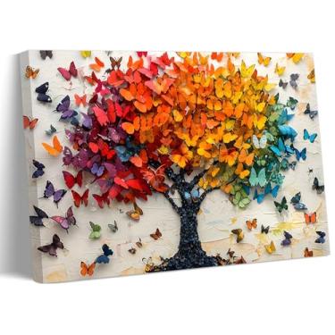 Imagem de Arte de parede em tela de borboleta colorida árvore da vida pintura de imagem decoração de parede bonito pôster de borboleta arte para parede sala de estar banheiro quarto decoração de casa 40 x 61 cm