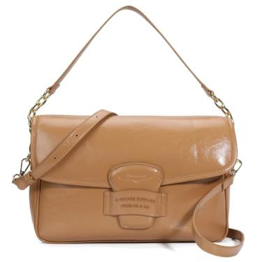 Imagem de Chinllo Bolsa transversal feminina com aba, bolsas de couro vegano com alça superior e alça ajustável, Verniz cáqui profundo, Medium