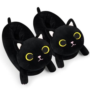 Imagem de MUFEIRUO Chinelos fofos femininos masculinos chinelos de pelúcia animais fofos desenhos animados chinelos casa inverno aconchegantes sapatos quentes interior meninas mulheres, Gato preto, 44 EU