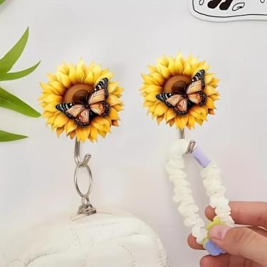 Imagem de 2 peças de ganchos de acrílico de girassol e borboleta, ganchos de parede adesivos decorativos para porta de banheiro, cozinha, quarto, cabides para chaves, toalhas, bolsas, presente para amantes de