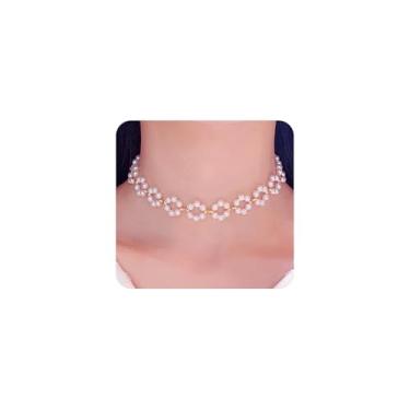 Imagem de Colar feminino com pérolas e flores pequenas, vintage, delicado, feito à mão, com contas, gargantilha ajustável, joias estéticas, acessórios de casamento, Large, Metal, Sem Pedra Preciosa