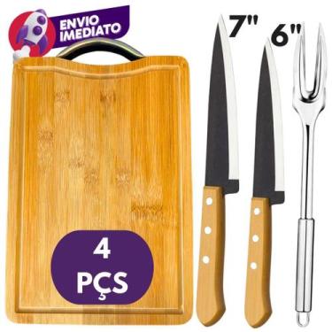 Imagem de Kit Churrasco Tábua Corte Madeira Garfo Trinchante Inox Faca Peixeira 