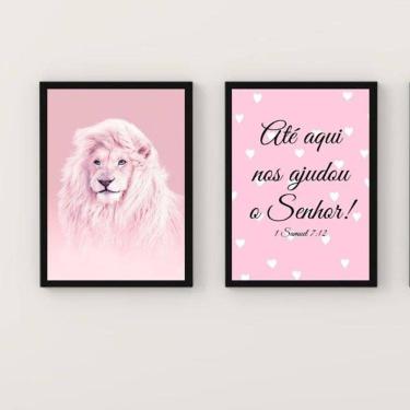 Imagem de Kit 2 Quadros Leão Rosa 45x34cm - Vidro e Moldura Preta
