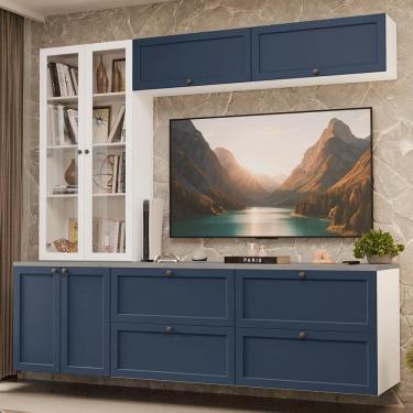 Imagem de Estante Sala de Estar com Rack + Cristaleira 230cm Branco/Azul/Branco Vik Madesa 01