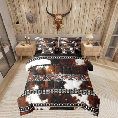 Imagem de Erosebridal Conjunto de cama de casal asteca boho, de couro boho, estampa de vaca das terras altas ocidentais em uma bolsa com lençóis, geométrico, asteca, cowboys, para crianças e adultos, conjunto