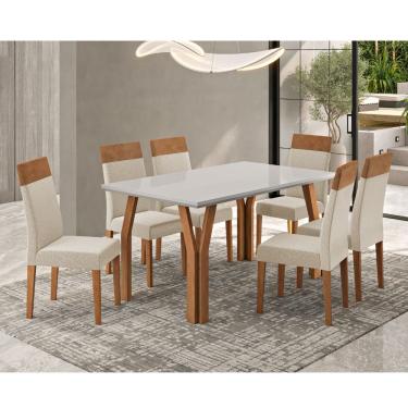 Imagem de Conjunto Sala de Jantar Mesa 154cm Tampo e Vidro Atlas e 6 Cadeiras Paris Madetal - Mel/Nude/Bege