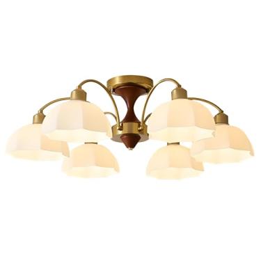 Imagem de Magiroz Luminária de teto vintage semi-embutida, lustre de vidro de leite dourado e madeira, 6 luzes, 76 cm