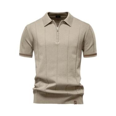 Imagem de Camisa Polo Masculina Slim Fit De Cor Sólida Com Zíper AIOPESON Para A