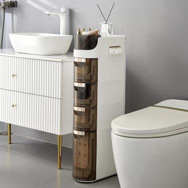 Imagem de Armário De Armazenamento De Banheiro Tier Slim, Armário De Piso Estreito Com Gavetas E Rodízios Transparentes, Torre De Armazenamento à Prova D'Água Para Banheiro Pequeno, 4 Tiers