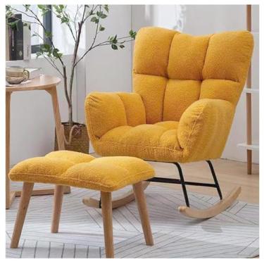 Imagem de Cadeira de balanço moderna de pelúcia amarela gengibre com apoio para os pés – Cadeira estofada aconchegante para sala de estar, varanda e conforto no quarto do bebê.