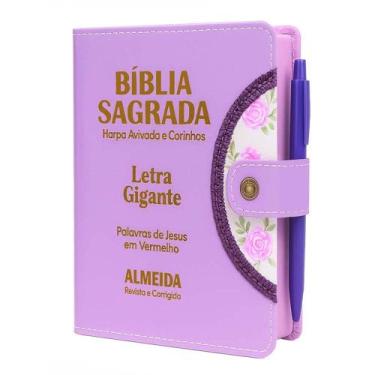 Imagem de Biblia Sagrada Letra Gigante Botão Lilas - C/ Harpa - REI DAS BIBLIAS