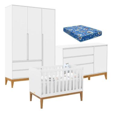 Imagem de Quarto De Bebê Nature Clean 3 Portas Com Berço Unique Branco Soft Eco Wood E Colchão Ortobom
