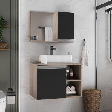 Imagem de Conjunto Gabinete Banheiro Virtus 60cm - Gabinete + Cuba + Espelheira Madeirado Preto