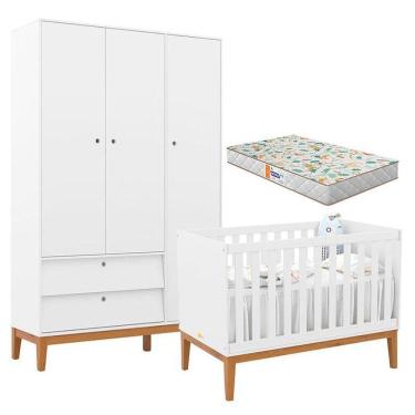 Imagem de Berço Americano E Guarda Roupa Unique 3 Portas Branco Soft Eco Wood Com Colchão Gazin - Matic