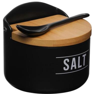 Imagem de Saleiro Porcelana 290ml com Tampa Bambu Colher Mesa Decoração Moderna 