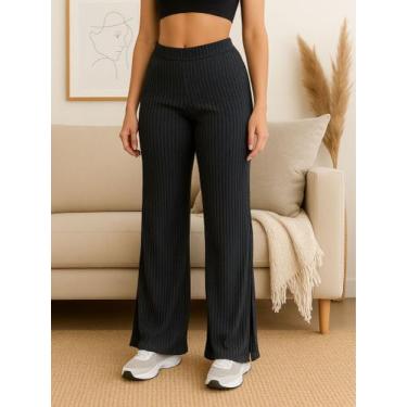 Imagem de Calça Feminina Wide Leg Pantalona Cintura Alta Tecido Canelado com Fen