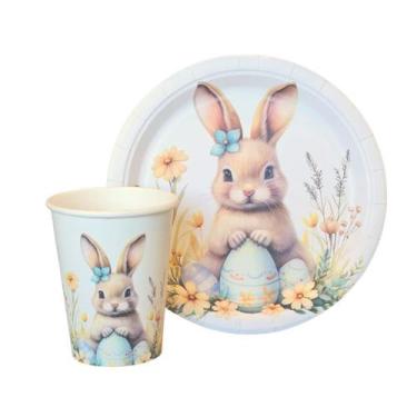 Imagem de Jogo Prato Copo Descartável Coelho Florido Páscoa 8 UN 18cm - Partypoi