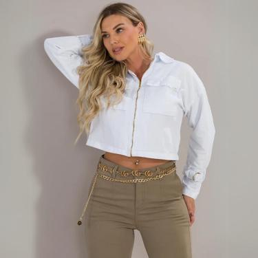 Imagem de Jaqueta Feminina Cropped Jeans Fecho Zíper Diamante Branco Gola Colarinho Manga Longa-Feminino