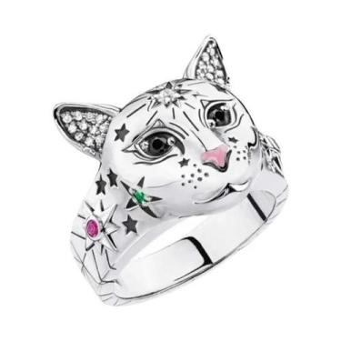 Imagem de Anel Feminino Banhado a Prata Com Gato Fofo E Zircônia De Cristal, Est