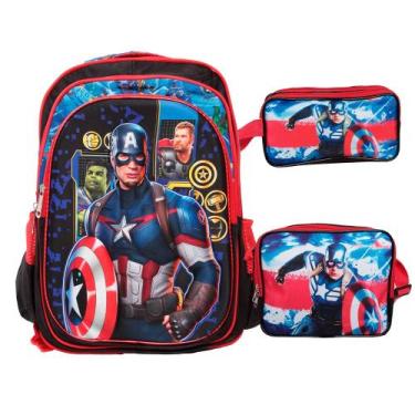 Imagem de Kit Mochila Infantil Escolar Capitão América Costas 3 Pçs - Plike