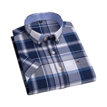 Imagem de Camisa Oxford Masculina 100% Algodão Xadrez Manga Curta Corte Regular 