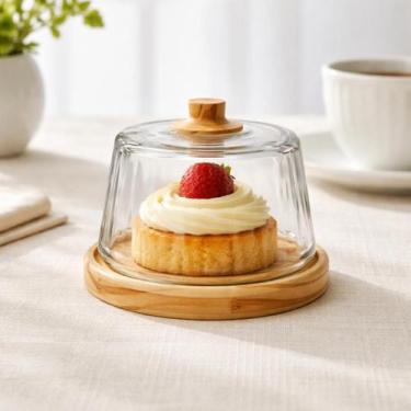 Imagem de Mini Queijeira Cloche Pequena Madeira Vidro Estilo Americano - Luggari
